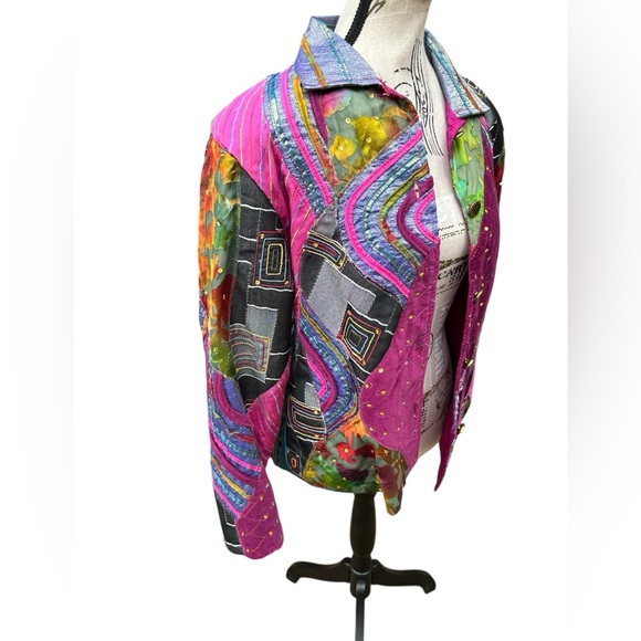 Boho Patchwork Quilted Jacket M Colorful Art To Wear Vibrant Sequin Dopamine - Picture 12 of 17